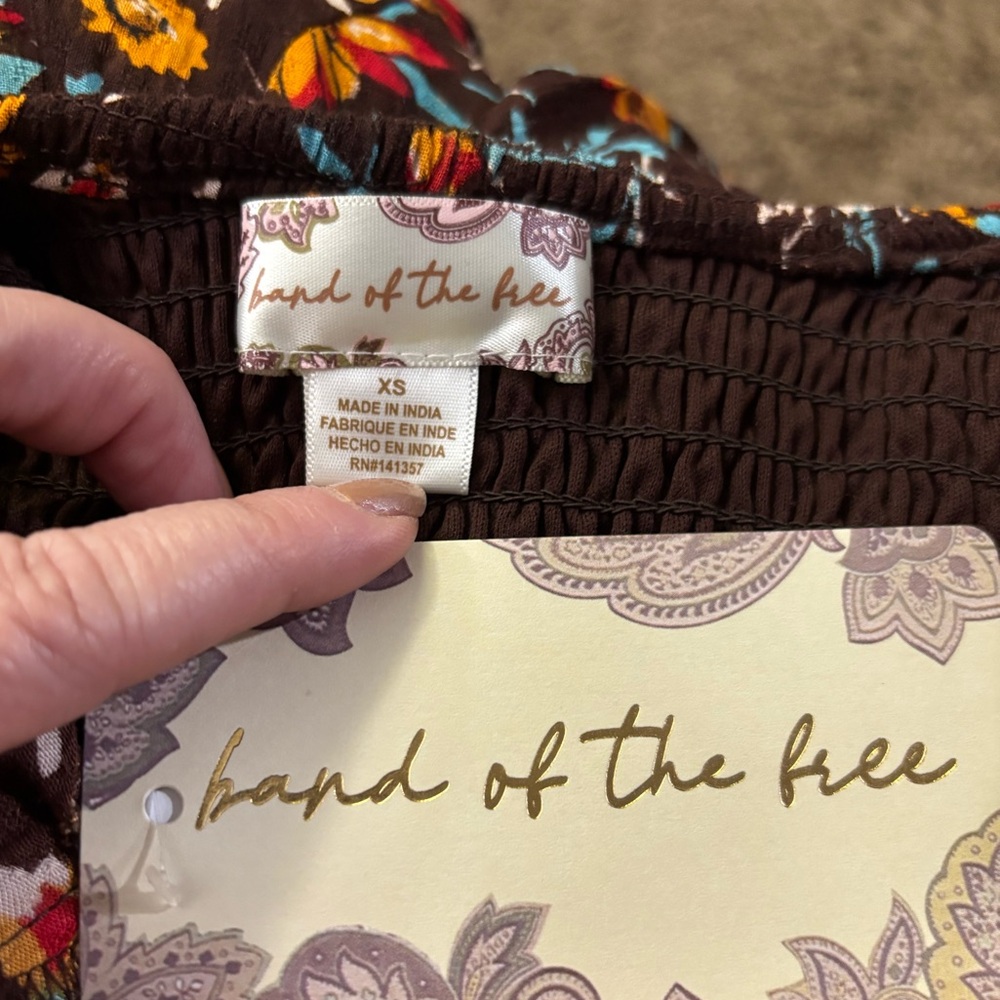 Band of the Free Brown Marigold Floral Print Mini Wrap Dress Smocked Ruffle XS - Picture 13 of 16